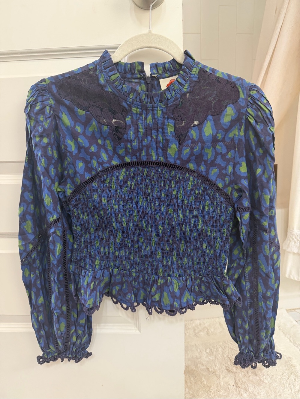 FARM Rio Blue and Green Smocked Long-Sleeve Top